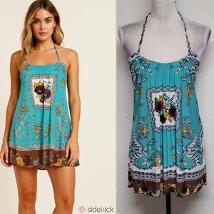 Marianne Vintage 90s Braided Halter Floral Garden Stretchy Micro Mini Dress S